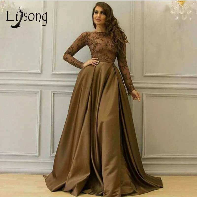 

Elegant Brown A-line Satin Evening Gowns With Full Sleeves Lace Long Formal Party Dresses Modest Prom Gowns