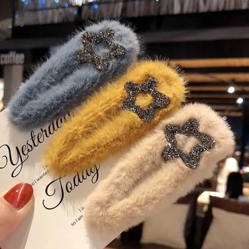 Корейский зимний плюш сплошной цвет Искусственный мех шпилька пятиконечная звезда Стразы заколки для волос дети шпильки аксессуары
