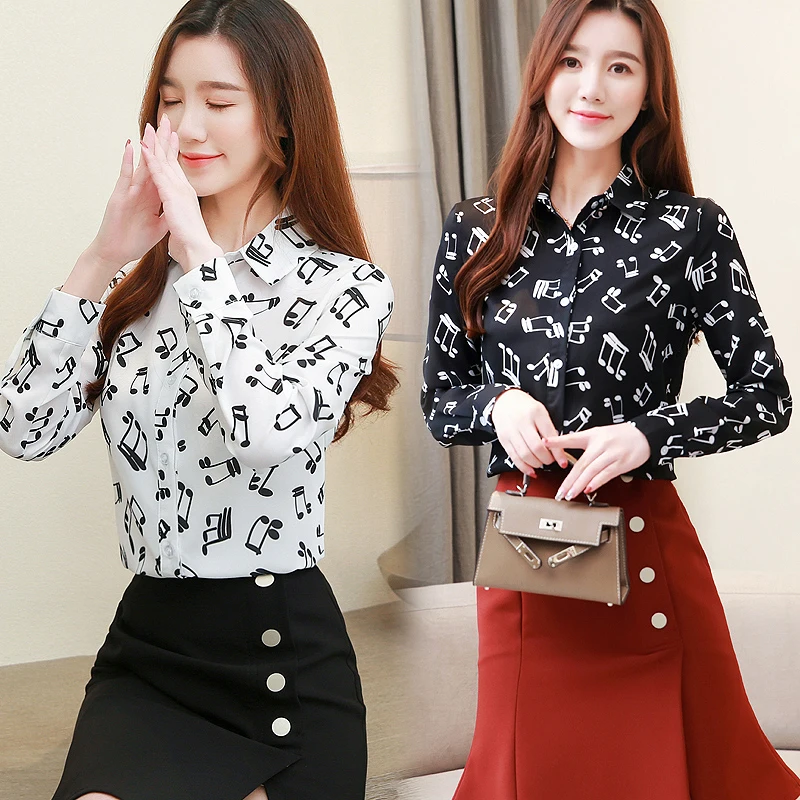  Music Note Print Tops and Blouses Korean Style Women Long Sleeve Casual Shirt Spring Autumn Womens 