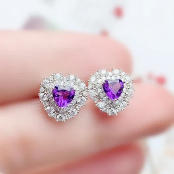 

Per jewelry Natural real amethyst or garnet love heart style stud earring 0.8ct*2pcs gemstone 925 sterling silver T203308