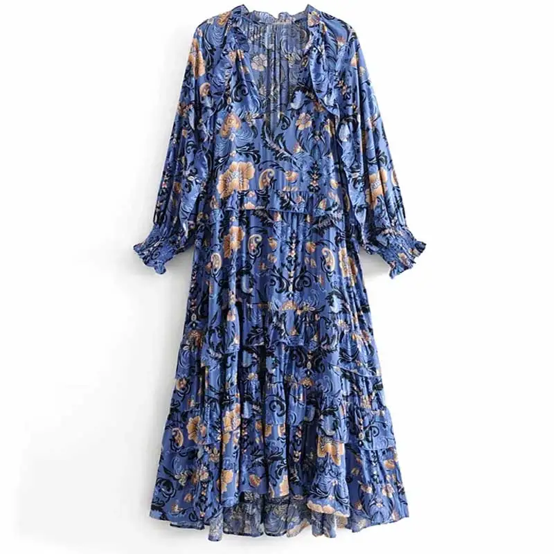 Богемный Вдохновленный темно-синее цветочное Плиссированное Многоярусное платье миди женское шикарное платье Бохо с длинным рукавом свободное богемное платье с v-образным вырезом длинное женское платье