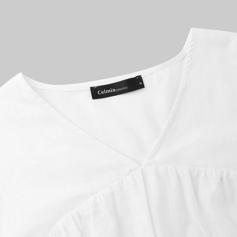 Women Fashion Lantern Sleeve Blouse Celmia Plus Size Solid Sexy V-Neck Pleated Shirt Casual Loose Top Elegant Asymmetrical Blusa