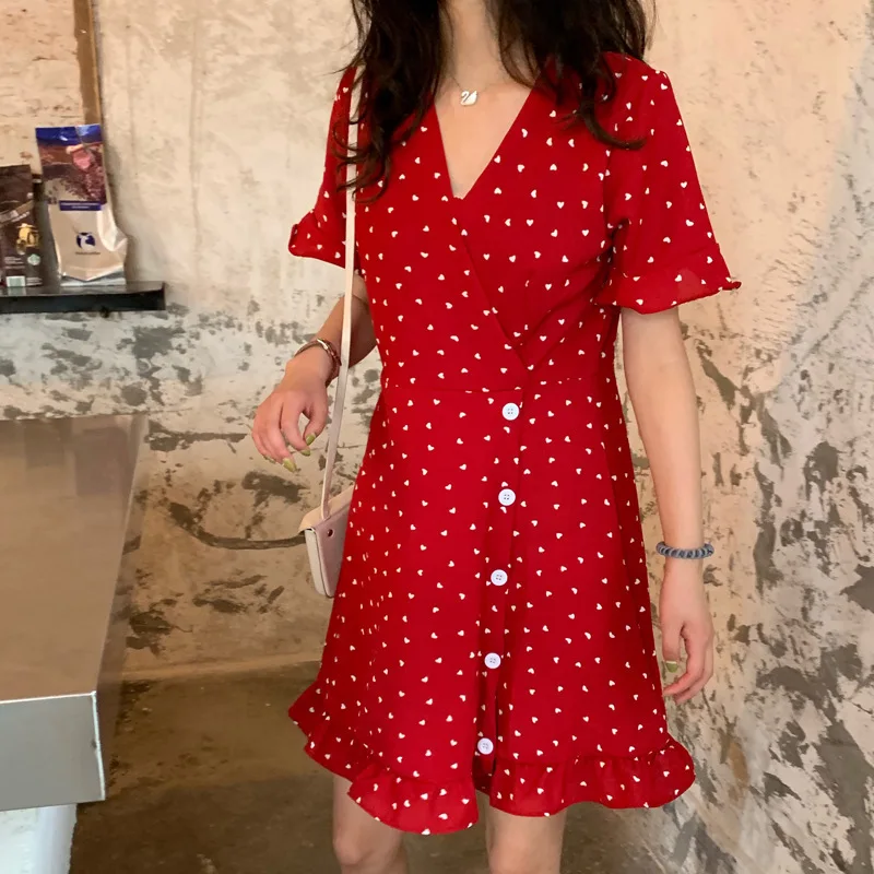 

Photo Shoot 2019 New Style CHIC Retro Slim Fit Slimming V-neck Short Sleeve Heart Polka Dot Dress Women's Fashion