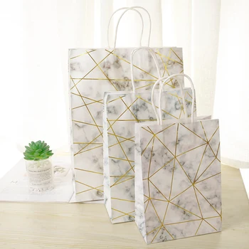 

40Pcs Stamping marbled Hexagon kraft Festival Gift Bag Shopping Bags DIY Good Quality Recyclable Paper Bag With Handles