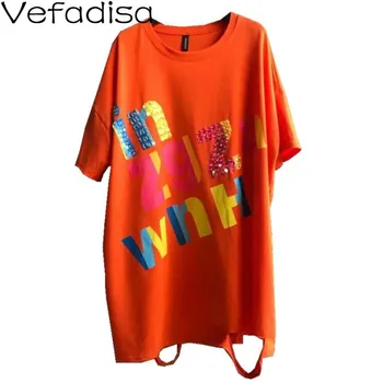 

Vefadisa Fashion Plus Size Sequin Letter Women T-shirt 2020 Summer Hole Short Sleeve T-shirt Loose Women T-shirt Tide QYF2677