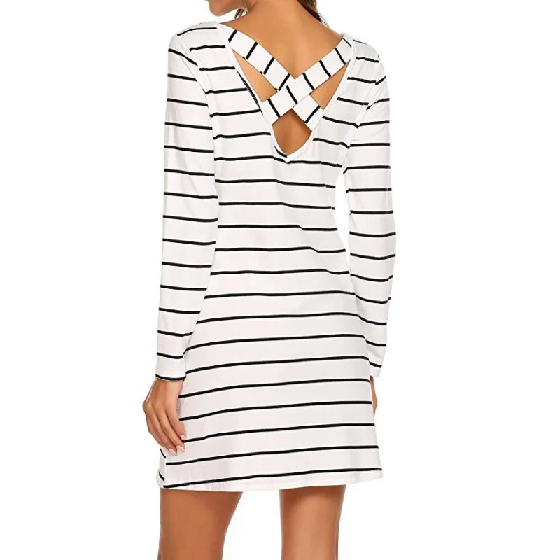 White Long Sleeve ZSIIBO, женское повседневное Полосатое мини-платье с перекрещивающимися крест-накрест и длинным рукавом на лето и осень, Прямая поставка - Цвет: White Long Sleeve
