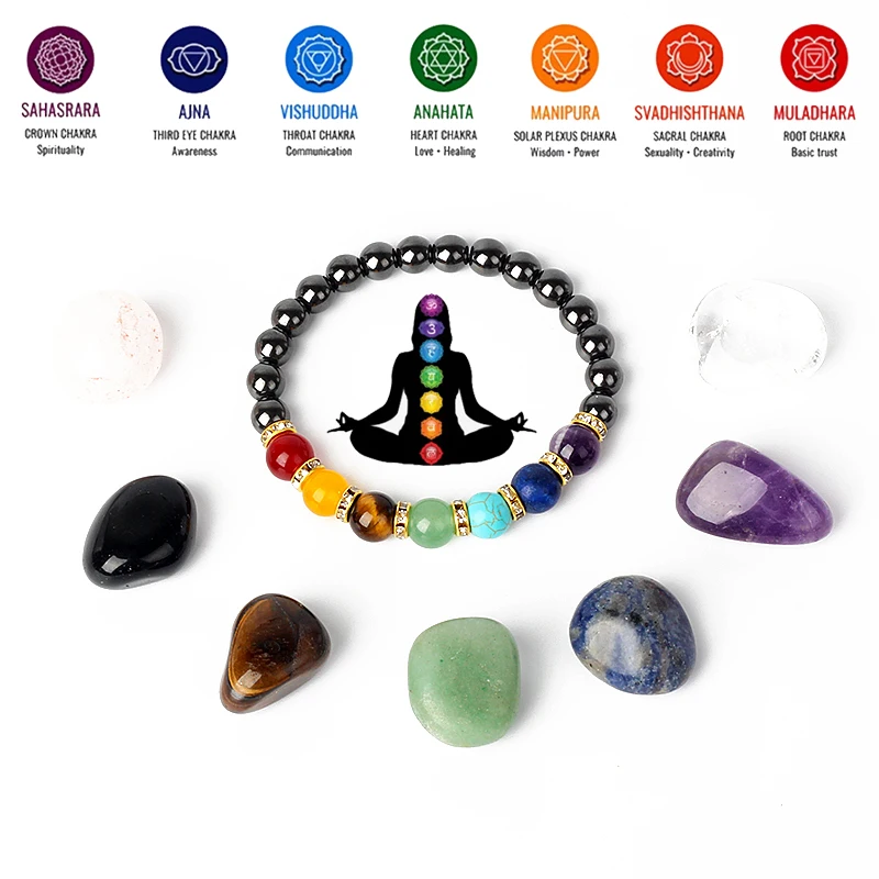 Natural Hematite 7 Chakra Bracelets Men Reiki Energy Stone Weight Loss Yoga Bracelet Slimming Woman Health Care Therapy Jewelry Stone Bead Bracelet Natural Stone Bracelet