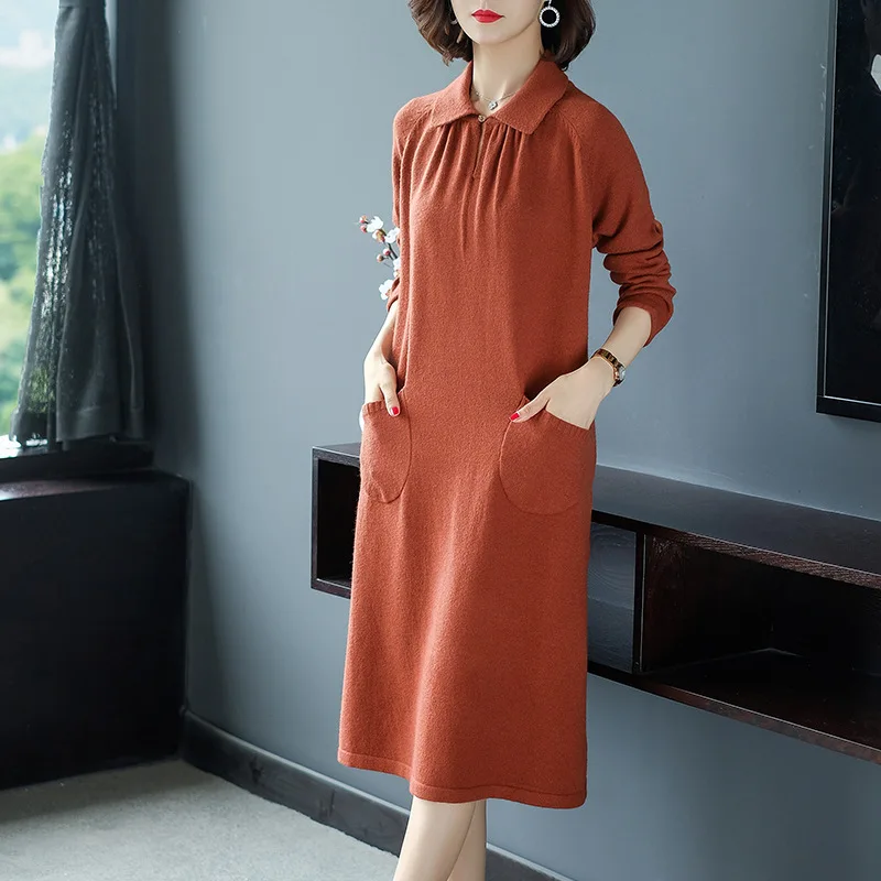 

2019 Autumn And Winter New Style Peter Pan Collar Pullover Mid-length Sweater Dress Loose-Fit Korean-style Large Size Jersey Dre