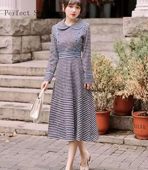 

2020 Spring New Arrival Retro Peter Pan Collar Plaid Collect Waist Women Long Dress High Quality