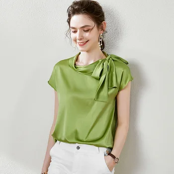 

Blouse Women Summer 2020 New 100% Satin Silk Lace-up Bow Collar Batwing Sleeved Solid Colour Loose Classy Women Tops Female S-XL