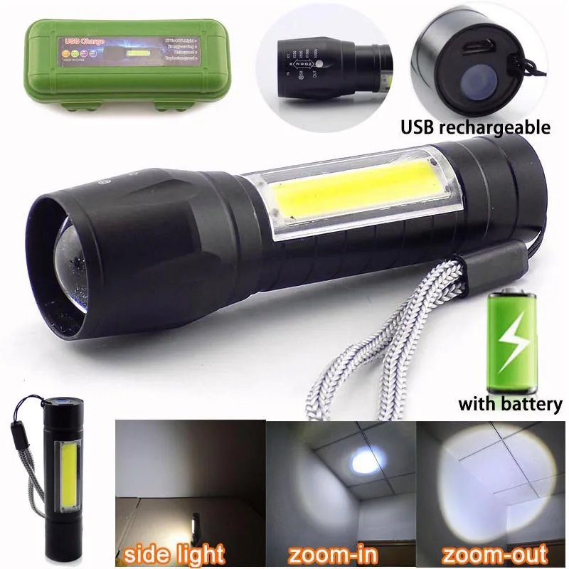 High powerful LED Q5 flashlight COB Torch USB flash work light rechargeable Battery Lamp lanterna outdoor night Camping fishing