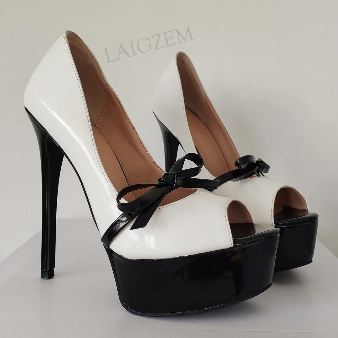 

LAIGZEM Women Platform Pumps Peep Toe Patchwork Shiny High Heels Prom Party Wedding Spring Summer Shoes Woman Big Size 46 50 52