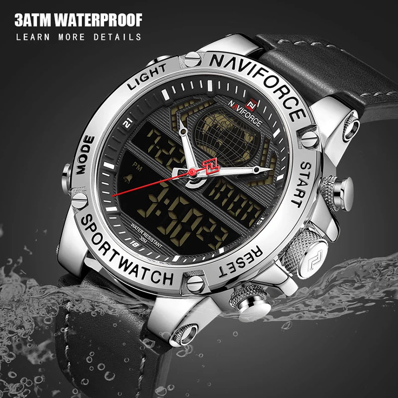 NAVIFORCE Лидирующий бренд мужские модные спортивные часы мужские кожаные водонепроницаемые кварцевые наручные часы Военные аналоговые цифровые Relogio Masculino