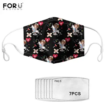 

Cute Cartoon Nurse Print Face Mask for Women Girl Fashion Nursing Floral Black Reusable Mouth Mask with 7Pcs Filters