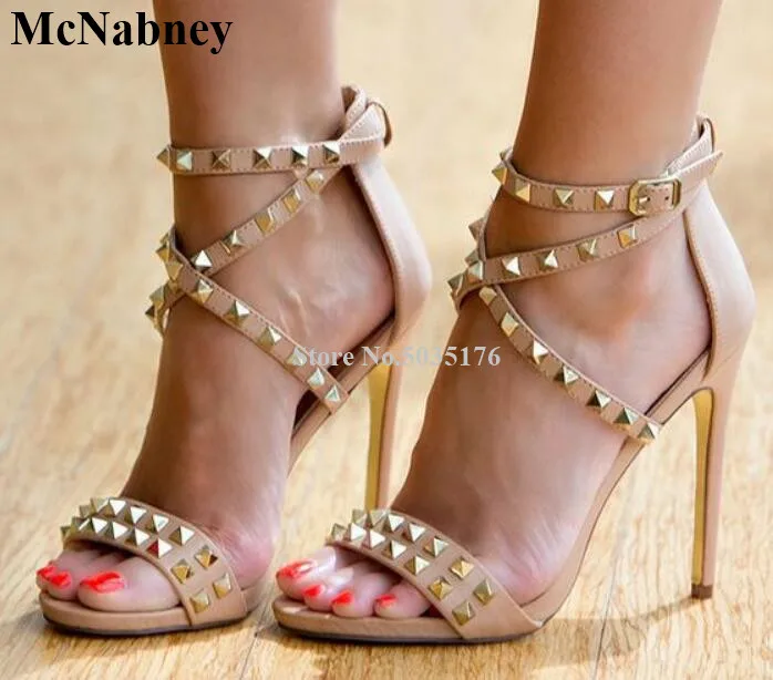 

McNabney Women Sandals Rivet Cross-tied Buckle Ankle Strap Sexy Stiletto Heel Peep Toe Thin High Heel Fashion Solid Ladies Shoes