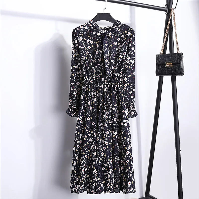 Женское осенне-зимнее платье миди с цветочным принтом элегантные офисные шифоновые платья модное женское платье с длинным рукавом Vestidos