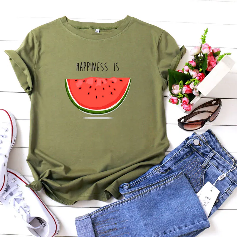 Happiness is Watermelon Printed 100% Cotton Short-sleeved Women's T-shirt Casual Soft Female T shirt Women Plus Size Femme Top