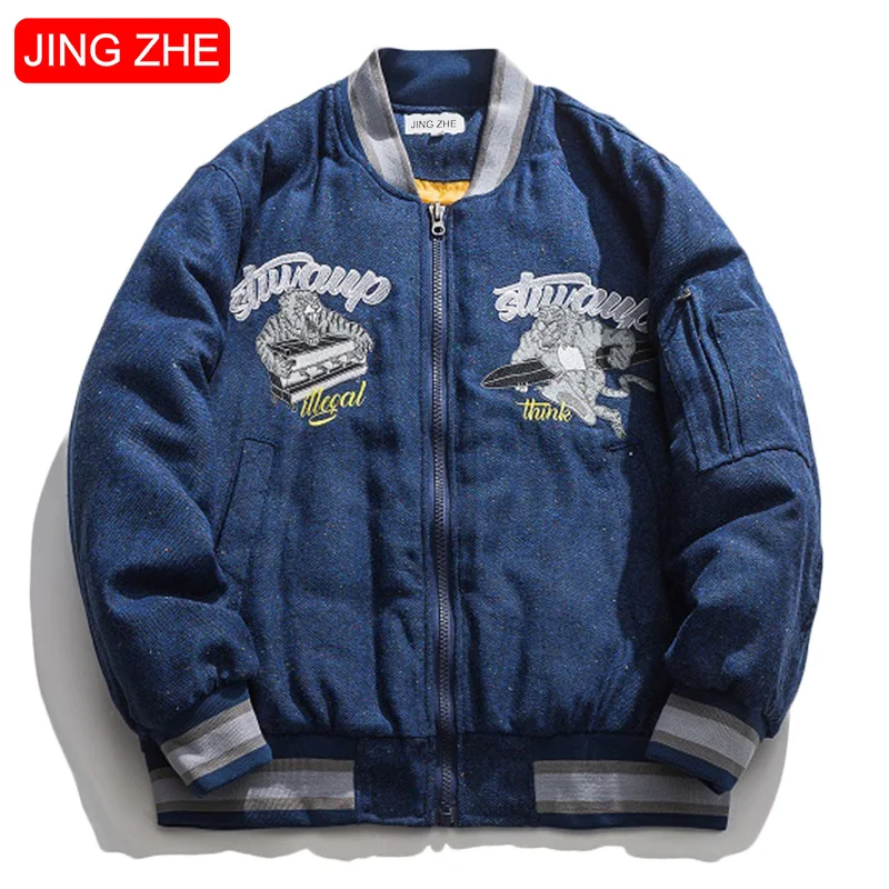 

JING ZHE Winter Vintage Jacket Men Women Jackets Warm Cotton Coat Tiger Embroidery Parka Jacket 2020 Baseball Outwear for Man