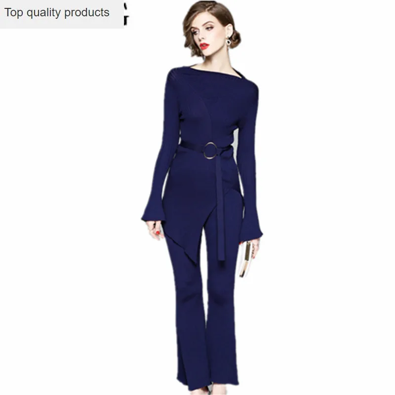 

2 Piece Set Women 2020 Autumn Winter Pants Women's Suits Flare Sleeve Knitted Sweater + Flared Trousers conjunto feminino YQ193