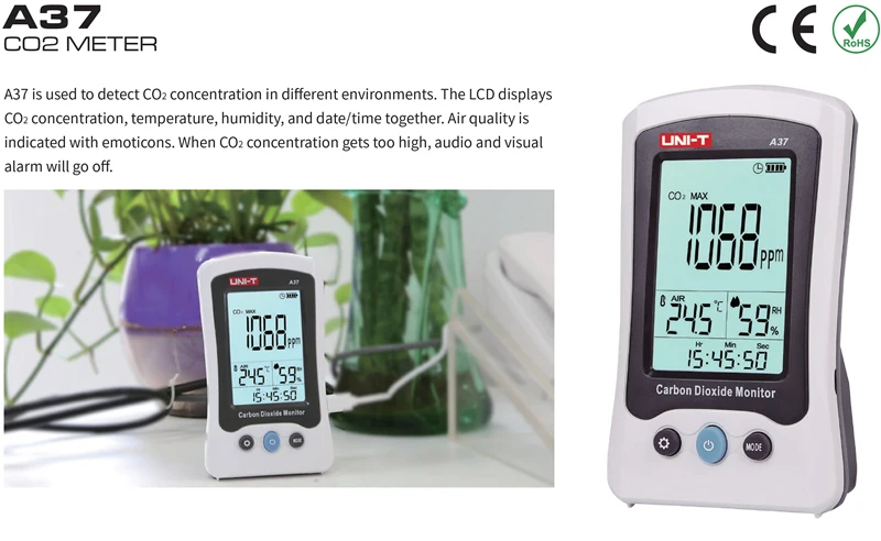 UNI-T A37 CO2 метр; домашняя лаборатория офис Температура/Влажность/CO2 детектор измерения