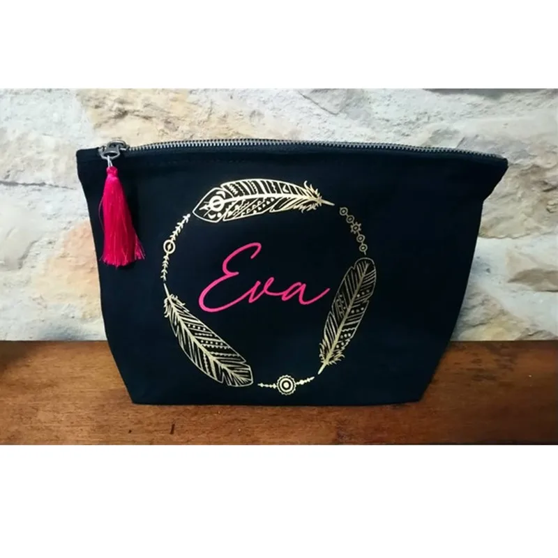 

Персонализированная сумка для макияжа с золотистыми перьями, с именем, из хлопка, для подружки невесты, Ранняя сумка для девичника, сумка-кошелек с надписью «thank you navy»