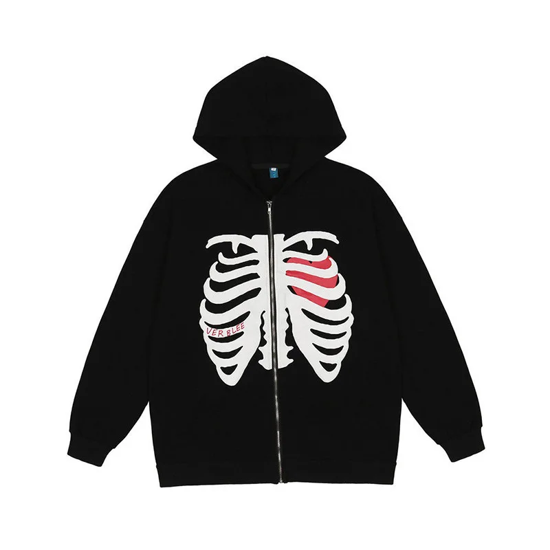 Clothes Skeleton Printing Hoodie Anime Men Women Long-sleeve Zipper Hoodie Jacket Loose Streetwear Kpop Clothes Oversized