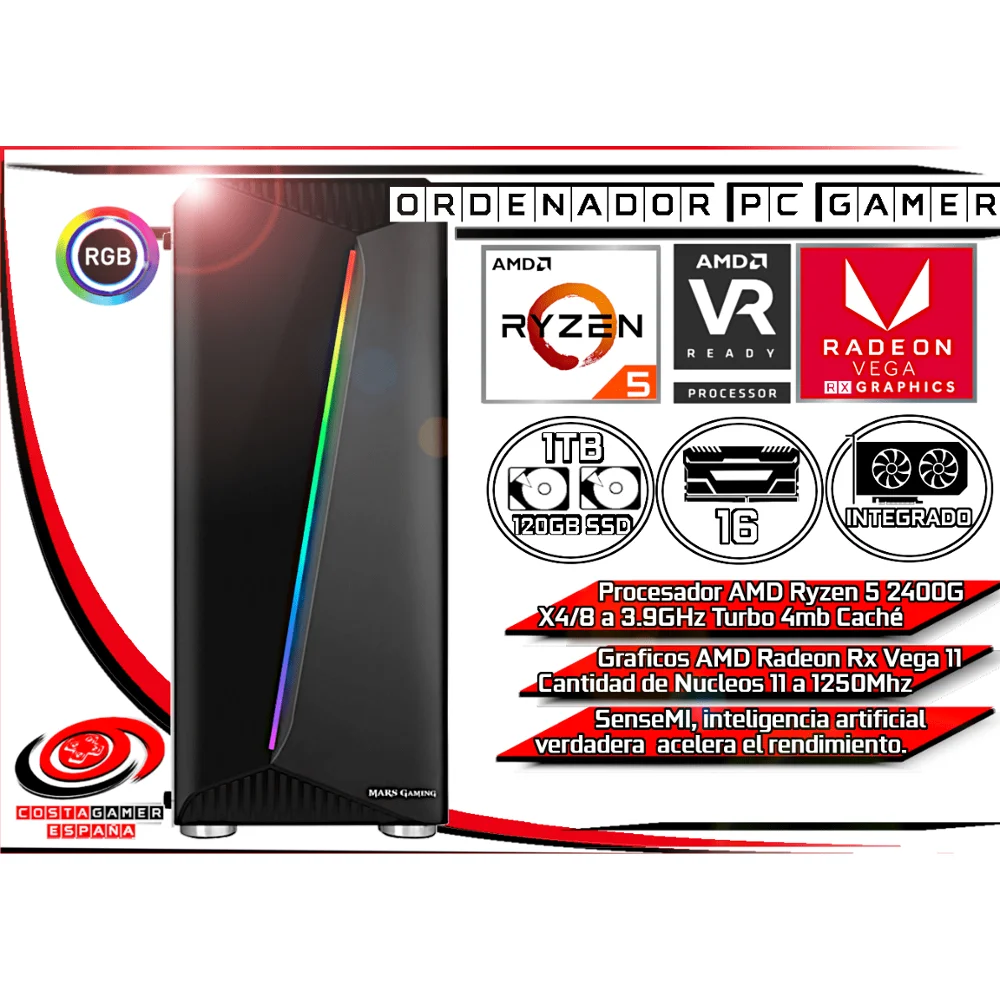 Ordenador PC AMD Ryzen 5 2400 X8 a 3.90Ghz 16GB Ram Disco SSD 120GB + 1TB Grafico Integrado Radeon Rx Vega 11 + Wifi + Win 10