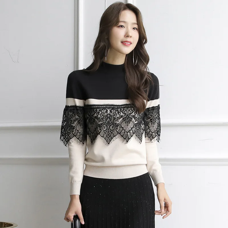Knitted Pullover Woman Sweaters Fall 2020 Women Clothing Long Sleeve Fashion Chic Lace Patchwork Pullovers Jumpers Pull Femme | Женская