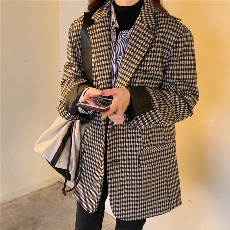 

New Plaid Suit Women's Jacket Spring Autumn Retro Casual Jumper Korean Loose Drop Shoulder Blazers British Office Lady Blazer