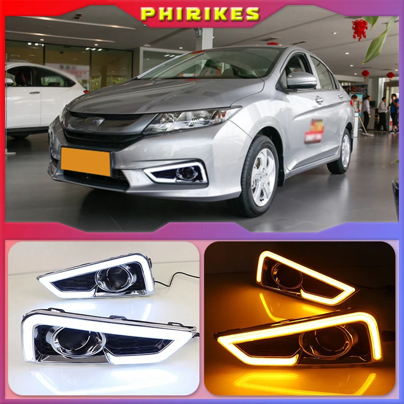 

2pcs LED daytime Running Lights for Honda City 2015 2016 fog lamp cover drl with yellow turn signal light car styling