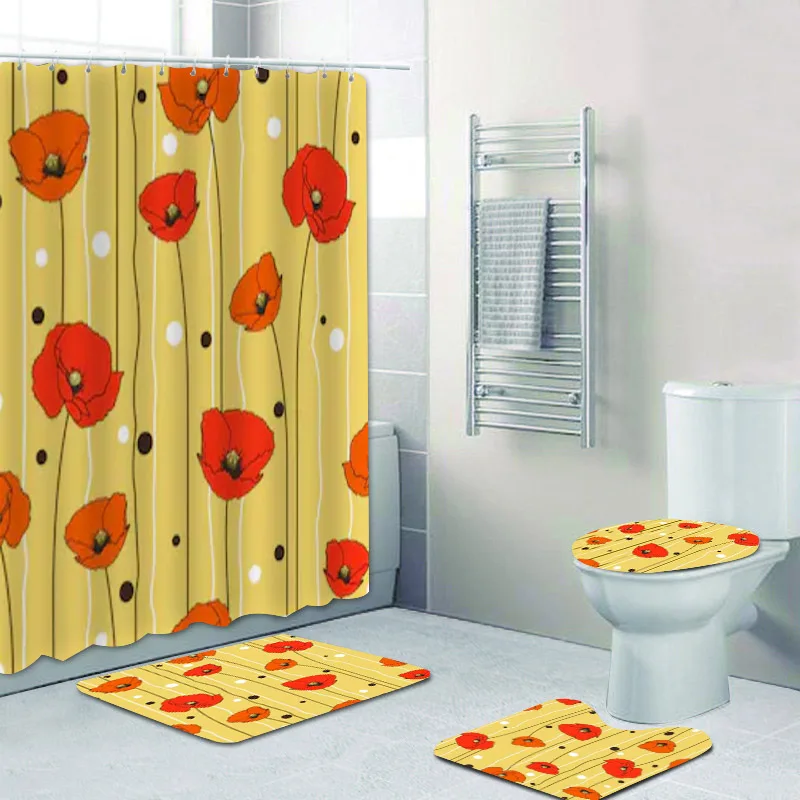 Shabby Chic Yellow Poppy Poppies Shower Curtain Bathroom 3D Red Floral Bath Rug Mat for Toilet Flowers Home Decor | Дом и сад
