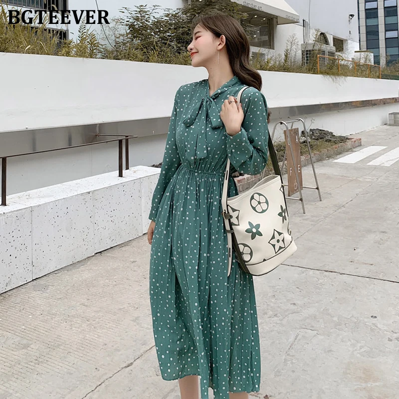 Online BGTEEVER cuello de arco Polka Dots vestido femenino manga completa cintura elástica Chiffon plisado mujeres vestido 2019 otoño Midi Vestidos Mujer
