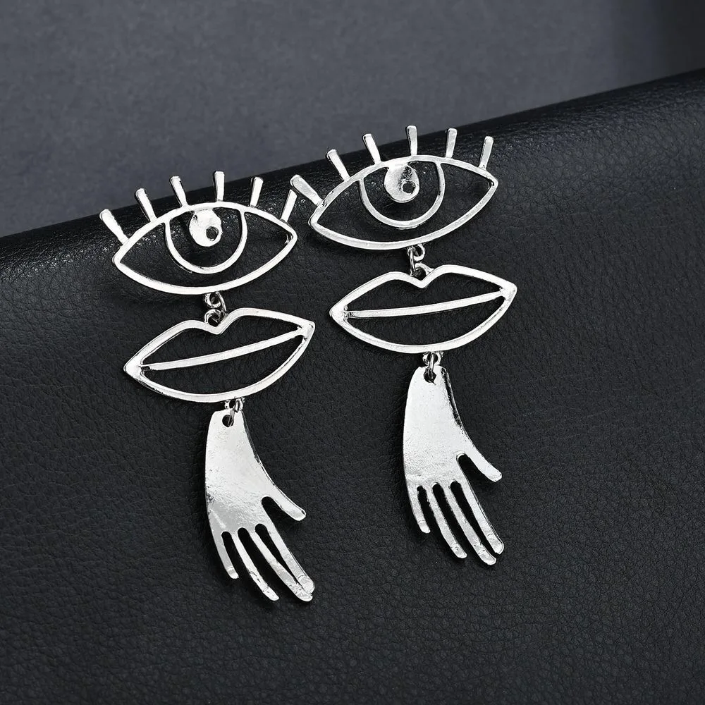 European and American fashion jewelry interesting eyes and lips stitching hollow Earrings design weird alloy ear studs (11)