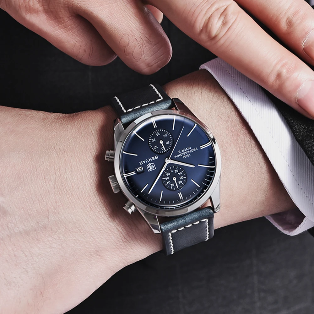 2021 BENYAR New Sports Watch for Men Top Brand Leather Waterproof Chronograph Men Military Men Quartz Wristwatches reloj hombre