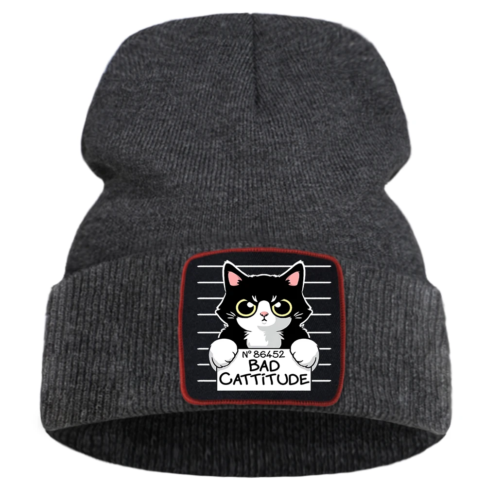 Плохой Cattitude мультяшным изображением кошки женские зимние вязаные шапки для