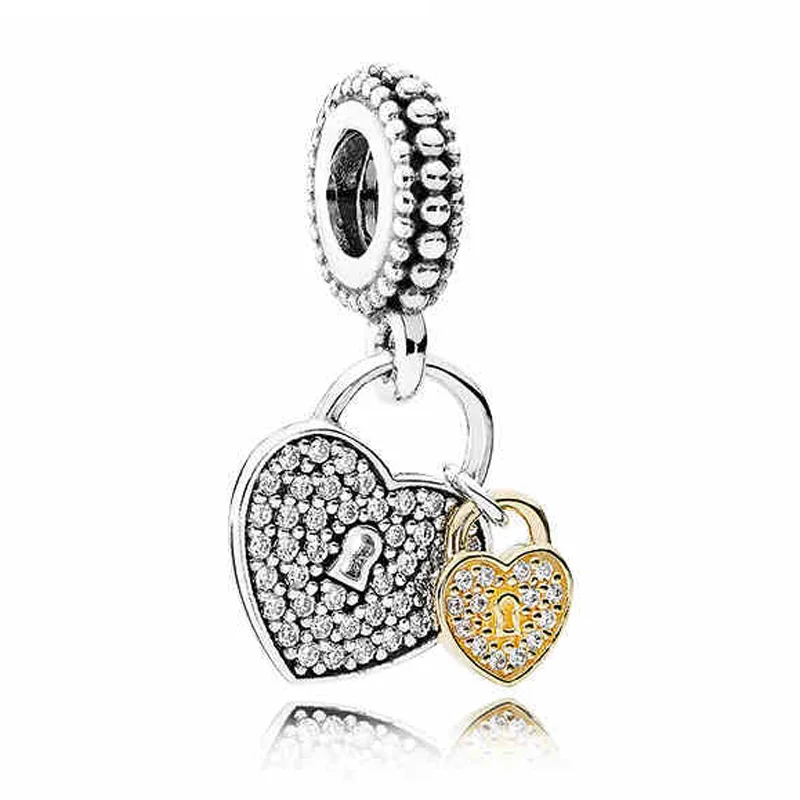 

925 Sterling Silver Bead Charm Gold Love Heart Lock Pave Crystal Pendant Bead fit Lady Bracelet DIY Jewelry