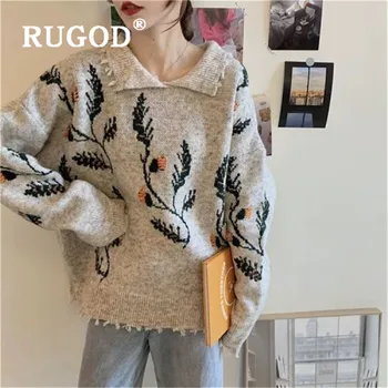 

RUGOD Knitted Sweater Leaves Pattern Pullover Split Jumper Winter Tops For Women Knitwear Korean Style Womens Sweaters 2019