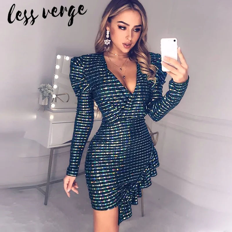 Offerte Lessverge dell increspatura Del manicotto di Soffio sexy del partito del vestito di paillette Delle Donne di scintillio club breve vestito aderente Autunno inverno nero vestito di natale