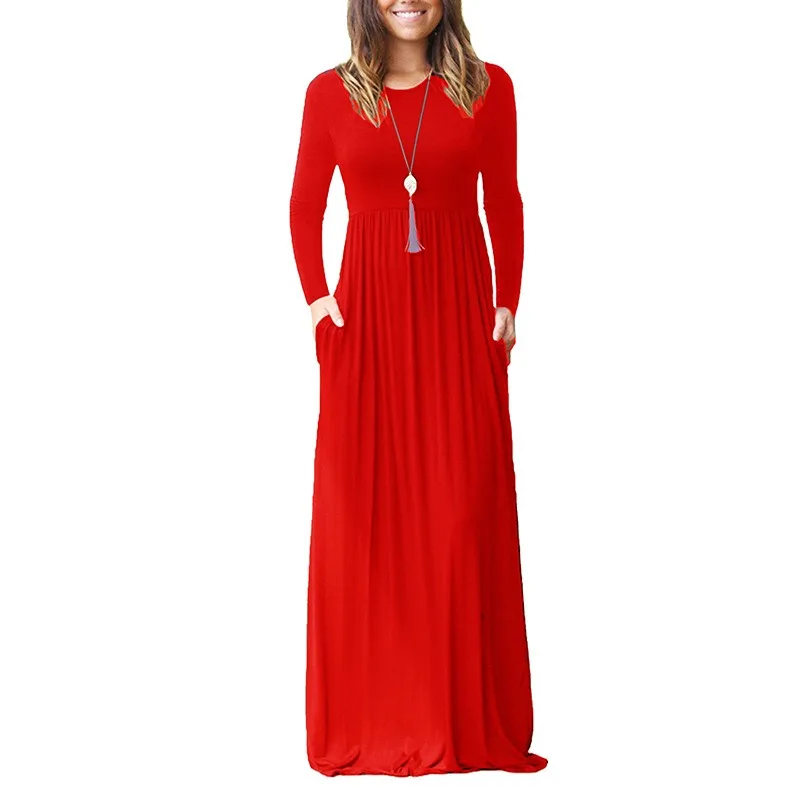 Лето осень Ovei размер d Макси длинное платье женское с длинным рукавом Бохо карман платье повседневное одноцветное Vestido Femininos размера плюс XXXL - Цвет: Red