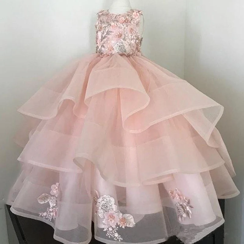 Розовое Бальное Платье; Платья с цветочным узором для девочек; кружевное платье с аппликацией; Каскадное платье без рукавов для свадьбы; детское праздничное платье на день рождения для девочек