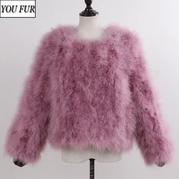 

New Brand Girls Genuine Ostrich Fur Jackets Winter Knitted Women Natural Ostrich Fur Overcoats Short Style Lady Real Fur Jacket