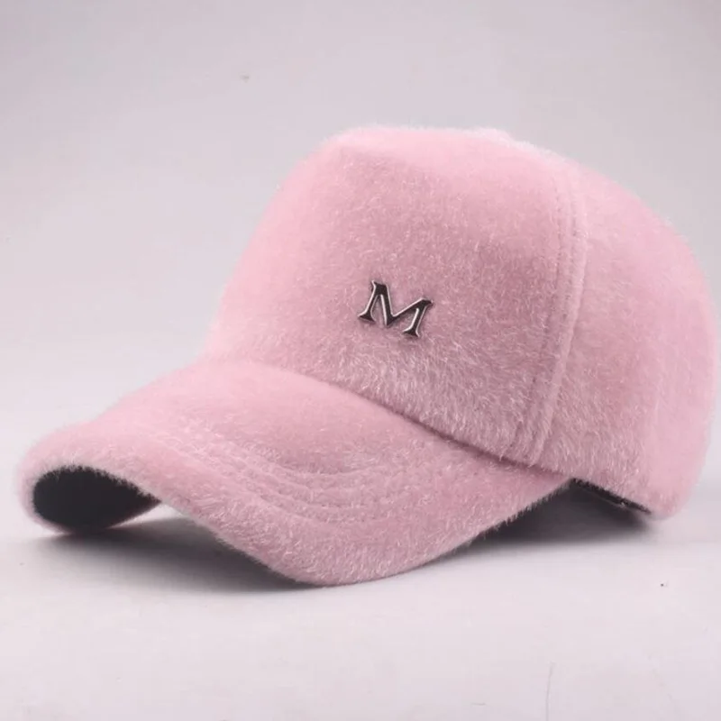 Winter Ladies Fur Ball Hat Letter M Baseball Cap Retro Sports Caps Women Curved Fitted Washed Vintage Hat