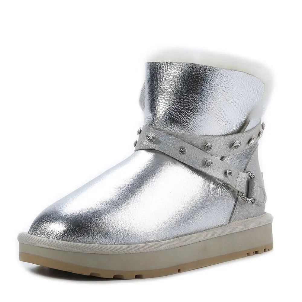 

2019 Waterproof Sheepksin Leather Shearling Wool Fur Lined Short Winter Boots Women Ankle Snow Boots Shoes Silver Crystal Strap