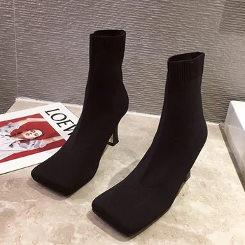 

2020 Winter Spring Trending Women Stretch Fabric 7cm High Heels Sock Boots Autumn Female Yarn Elastic knitting Ankle Boots Shoes