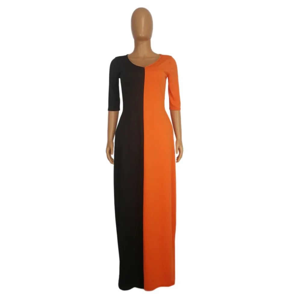 Черное и оранжевое платье-футболка макси с v-образным вырезом и рукавом средней длины, повседневное длинное платье с боковой частью, женские халаты SH7140G