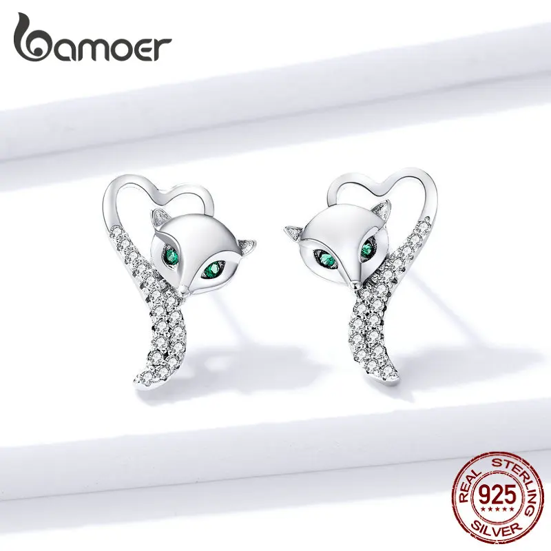 Bamoer, серебро 925, сердце, лиса, серьги-гвоздики с животными для женщин, 925 пробы, серебро, прозрачный CZ, массивные украшения, новинка, BSE312
