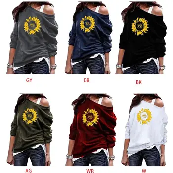 

Women Tops Sunflower Print Off Shoulder Long Sleeve Round Neck Casual Blouses Lady Loose Fit Pullover Shirts 24BC