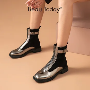 

BeauToday Sock Boots Women Cow Leather Stretch Fabric Front Zip Square Toe Ankle Length Winter Fashion Lady Shoes Handmade 03135