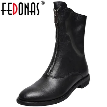 

FEDONAS Concise Pointed Toe Women Mid-Calf Boots Genuine Leather Side Zipper Thick Heels Shoes Woman Wedding Working Women Pumps