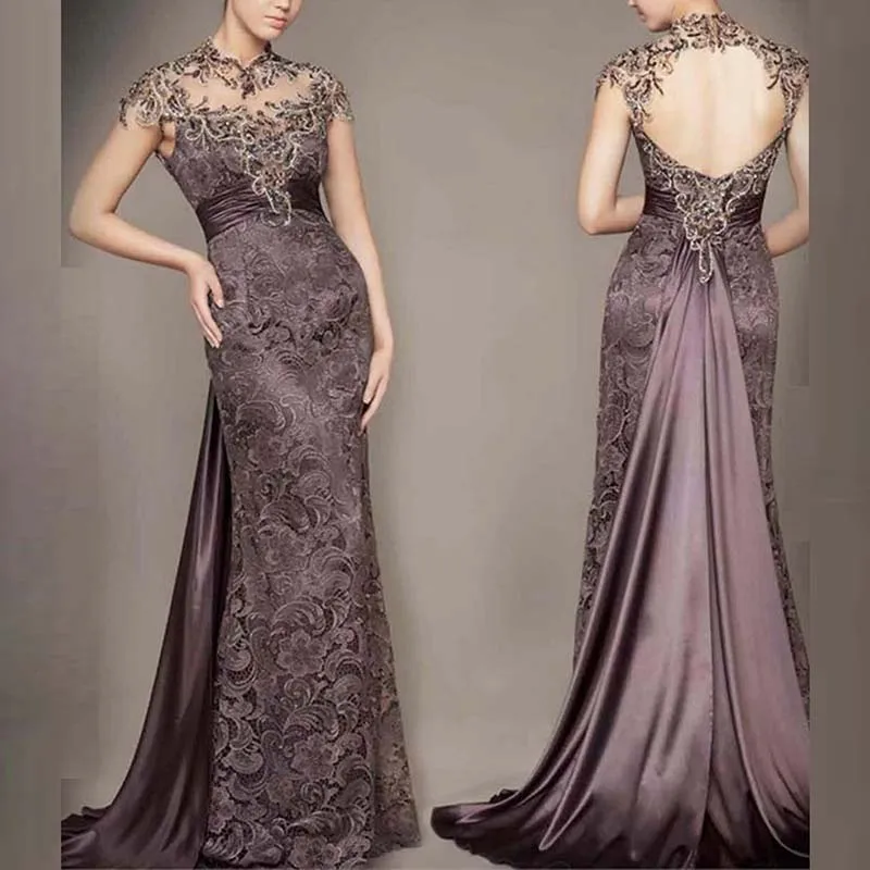 

Gorgeous Slim Lace High Collar Cap Sleeves Mother of the Bride Dresses Back Out Wedding Party Gowns Applique Floor Length
